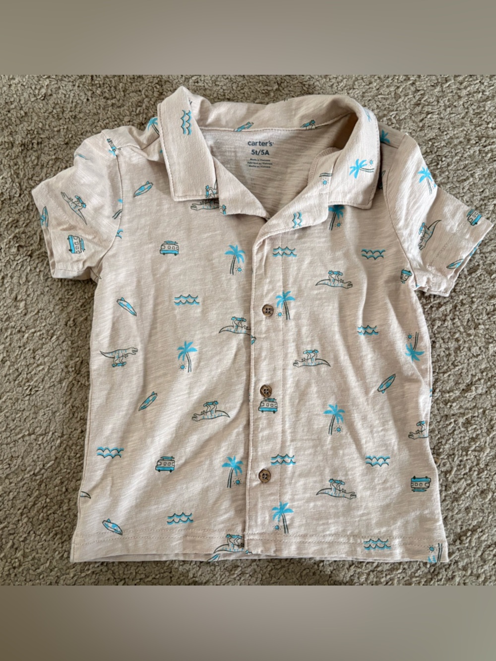 Carter's Cream Short Sleeve Shirt with Teal Tropical Motifs